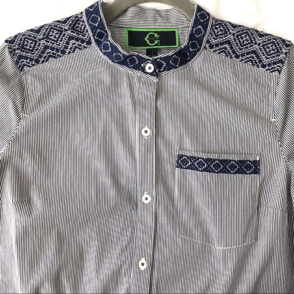 New C Wonder Embroidered Striped Collarless Button Down Shirt Indigo Size XS - Picture 11 of 16